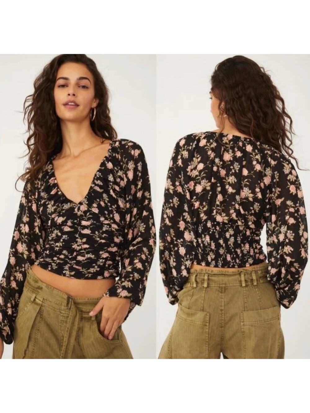 Free People New Final Rose Long Sleeve V Neck Blouse Womens Size XS Black Pink